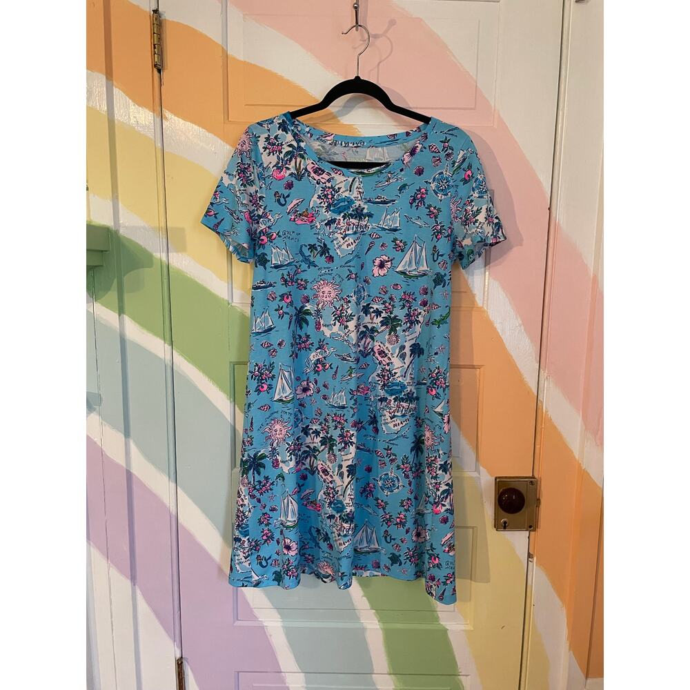 Lilly Pulitzer Pima Cotton Dress Size M Blue Tropical Map Print Short Sleeve